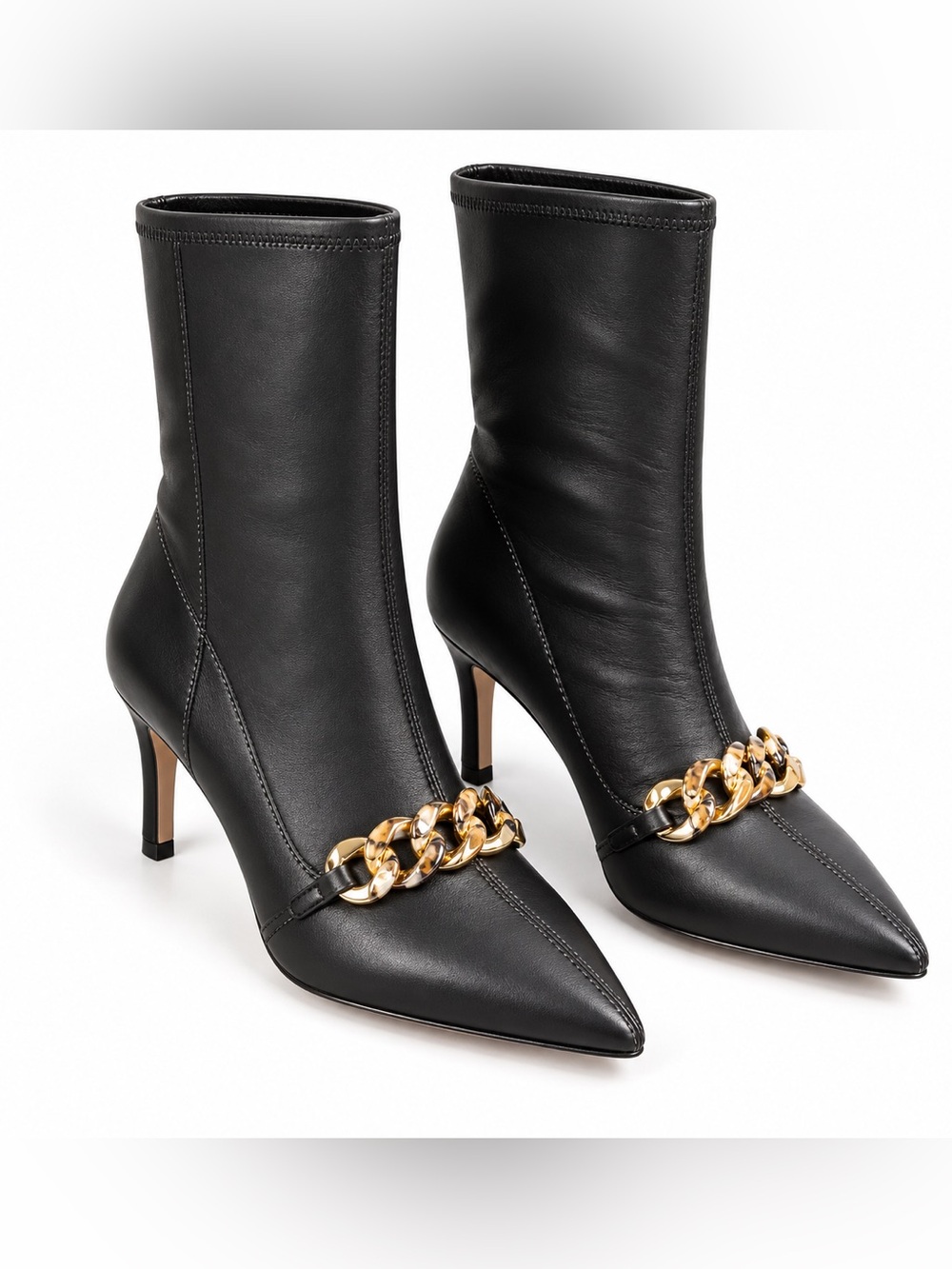 XOXO Women’s Black Pointed Toe Gold Chain Heeled Boots Size 6